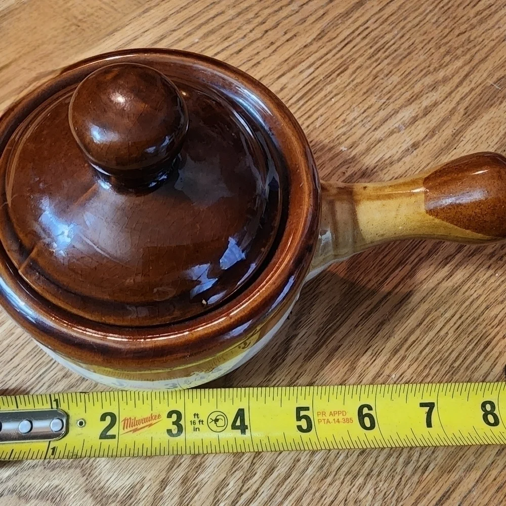 Vintage Brown Drip Stoneware Mini Crock W/ Lid & Handle Set of Two Soup